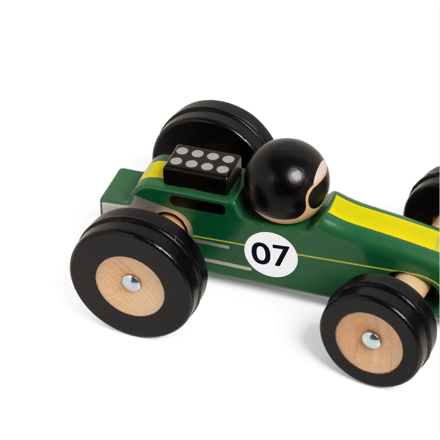 Close-up of the Classic World Silverstone Car in green and yellow, highlighting its detailed design, wooden build, and retro driver.