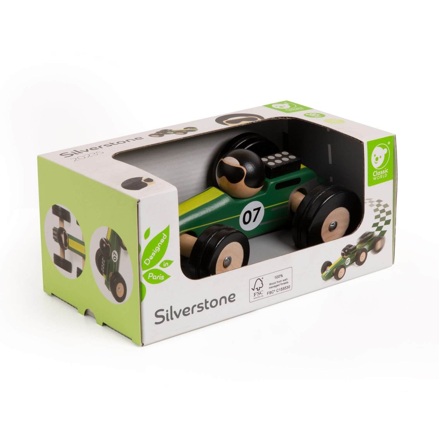 Classic World Silverstone Car in its packaging, showcasing the green and yellow wooden race car with FSC-certified eco-friendly materials.