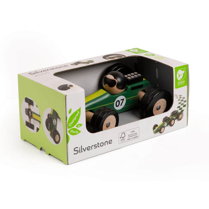 Classic World Silverstone Car in its packaging, showcasing the green and yellow wooden race car with FSC-certified eco-friendly materials.