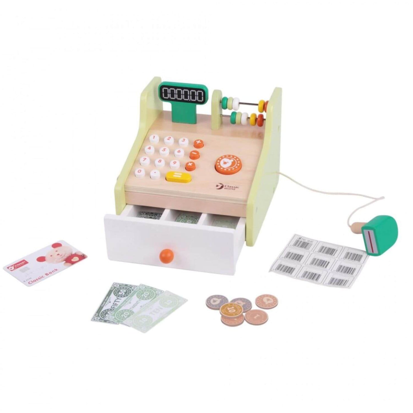 Classic World Cash Register toy with wooden coins, banknotes, a credit card, scanner, and working cash drawer for imaginative play.