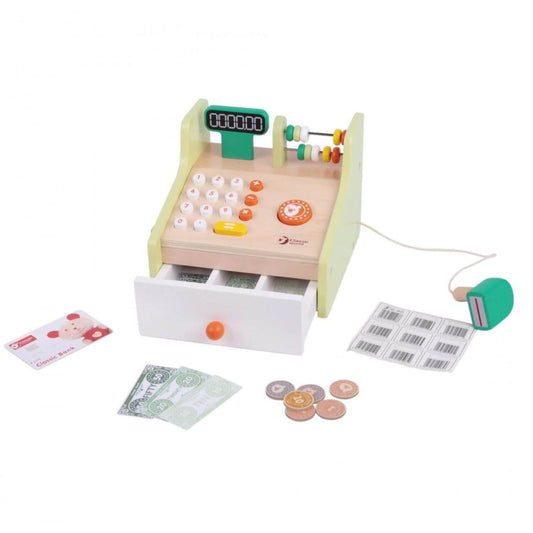 Classic World Cash Register toy with wooden coins, banknotes, a credit card, scanner, and working cash drawer for imaginative play.