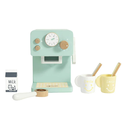 Classic World wooden coffee maker toy set with dials, levers, cups, milk carton, and spoon, perfect for imaginative play.