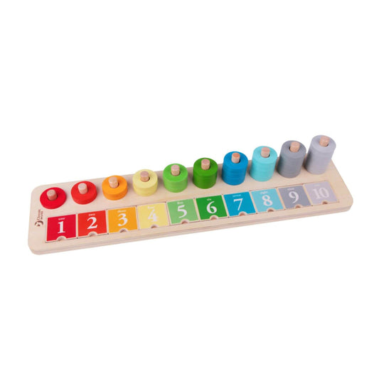 Classic World Counting Stacker with numbered pegs and colourful wooden rings, designed for learning numbers, colours, and stacking skills.