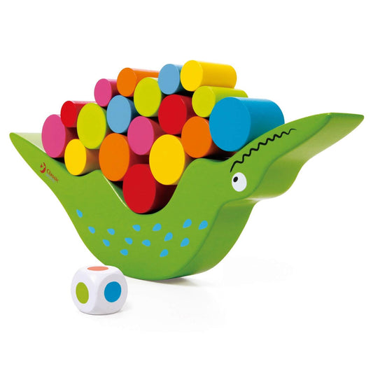 Classic World Crocodile Balancing Game featuring a green crocodile, colourful wooden pieces, and a dice for stacking fun and coordination.