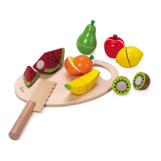 Classic World Cutting Fruit Set with wooden fruits, knife, and cutting board, designed for imaginative slicing and pretend play.