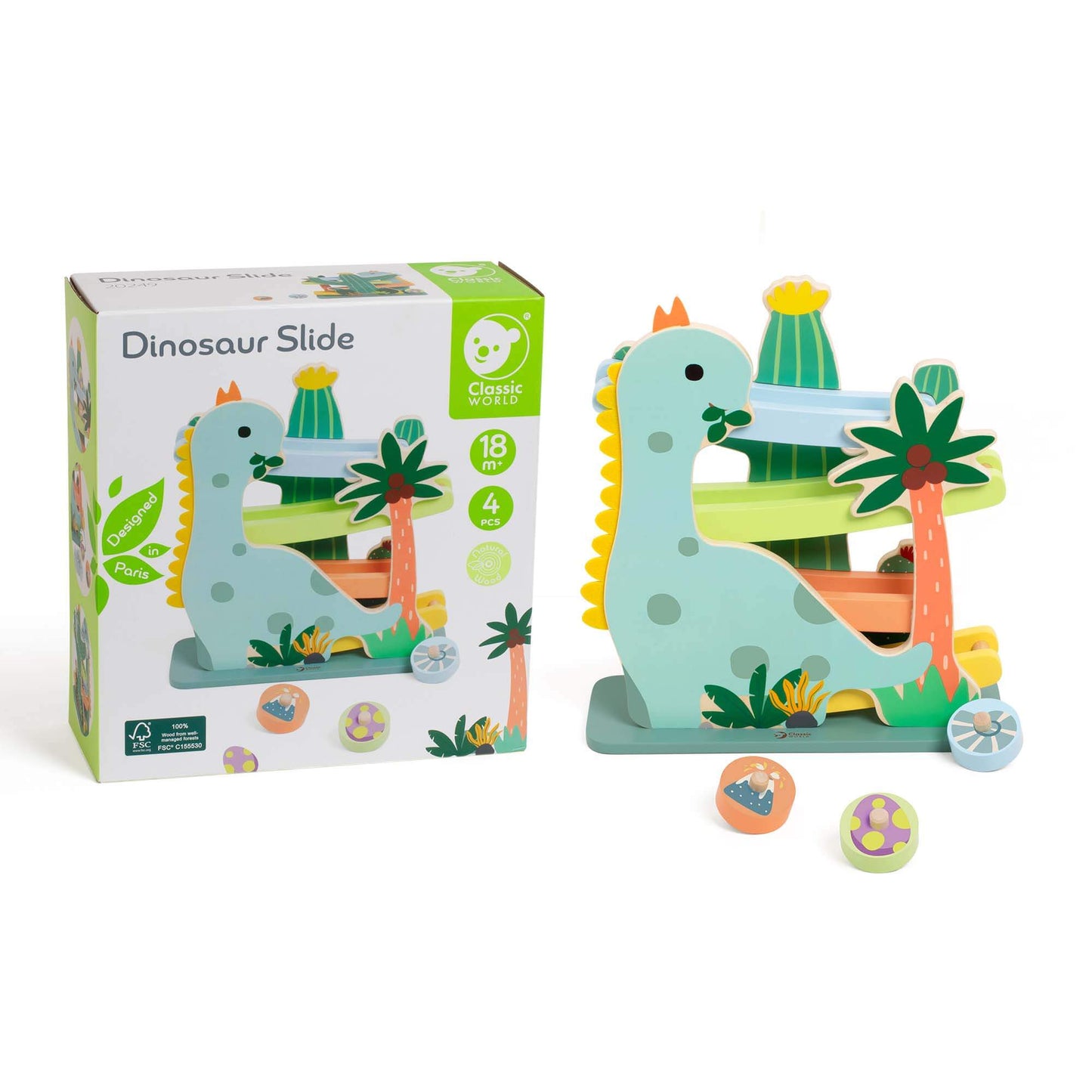 Classic World Dinosaur Slide with packaging, featuring a colourful dinosaur design, wooden tracks, and rolling wheels, ideal for ages 18 months+.