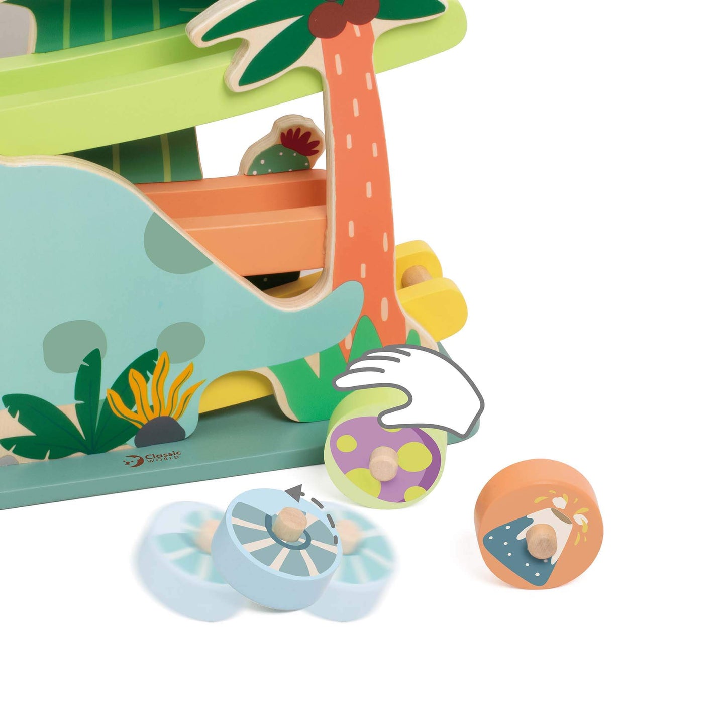 Close-up of the Classic World Dinosaur Slide showing wooden wheels with playful designs and a colourful slide.