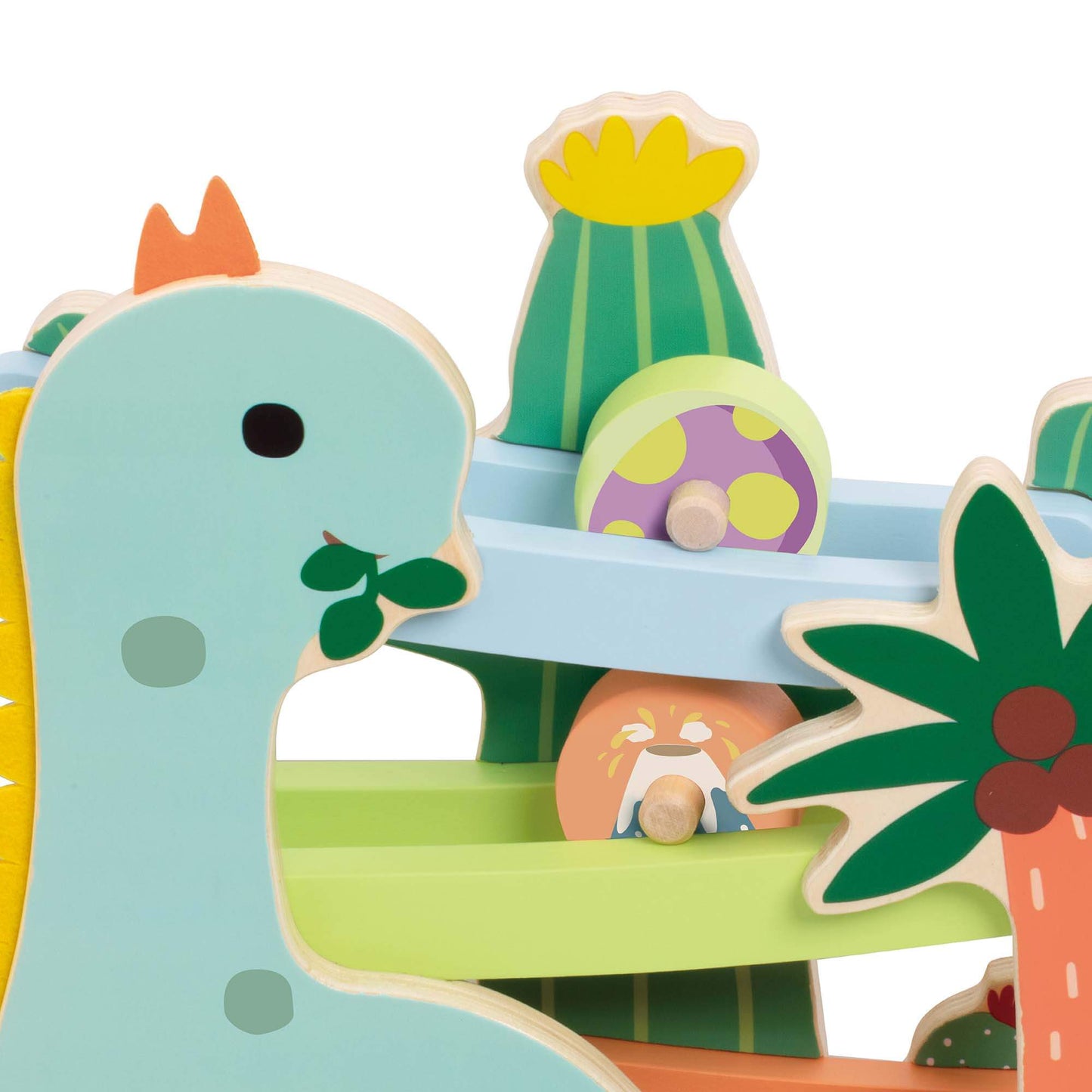 Close-up of the Classic World Dinosaur Slide featuring a friendly dinosaur design, rolling wooden wheels with patterns, and colourful tracks.