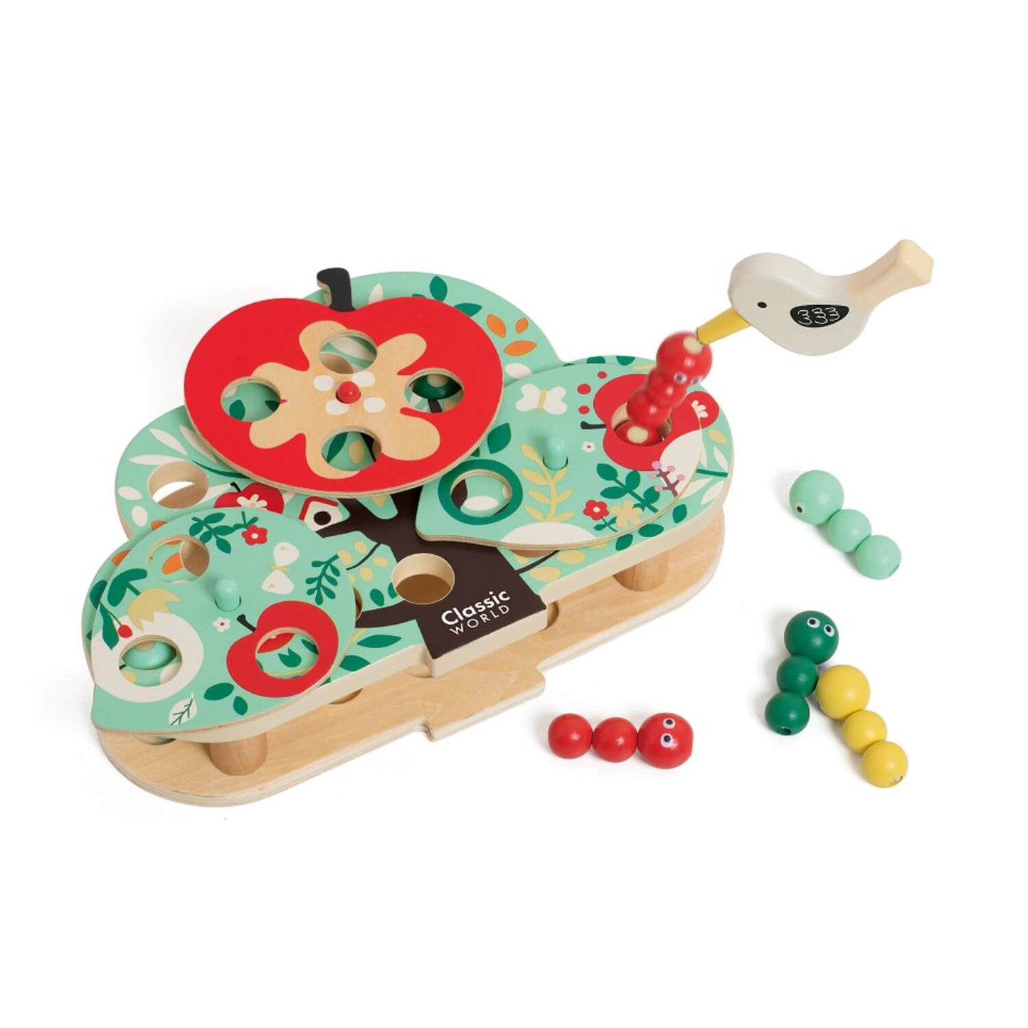 A colourful Classic World Doctor Woodpecker toy featuring magnetic worms, a bird with a magnetic beak, and a vibrant wooden design.