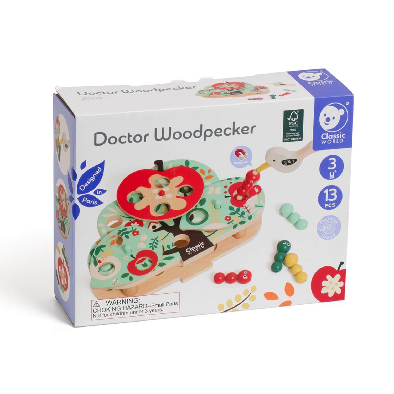 The packaging for the Classic World Doctor Woodpecker toy, showcasing the magnetic game with 13 pieces.