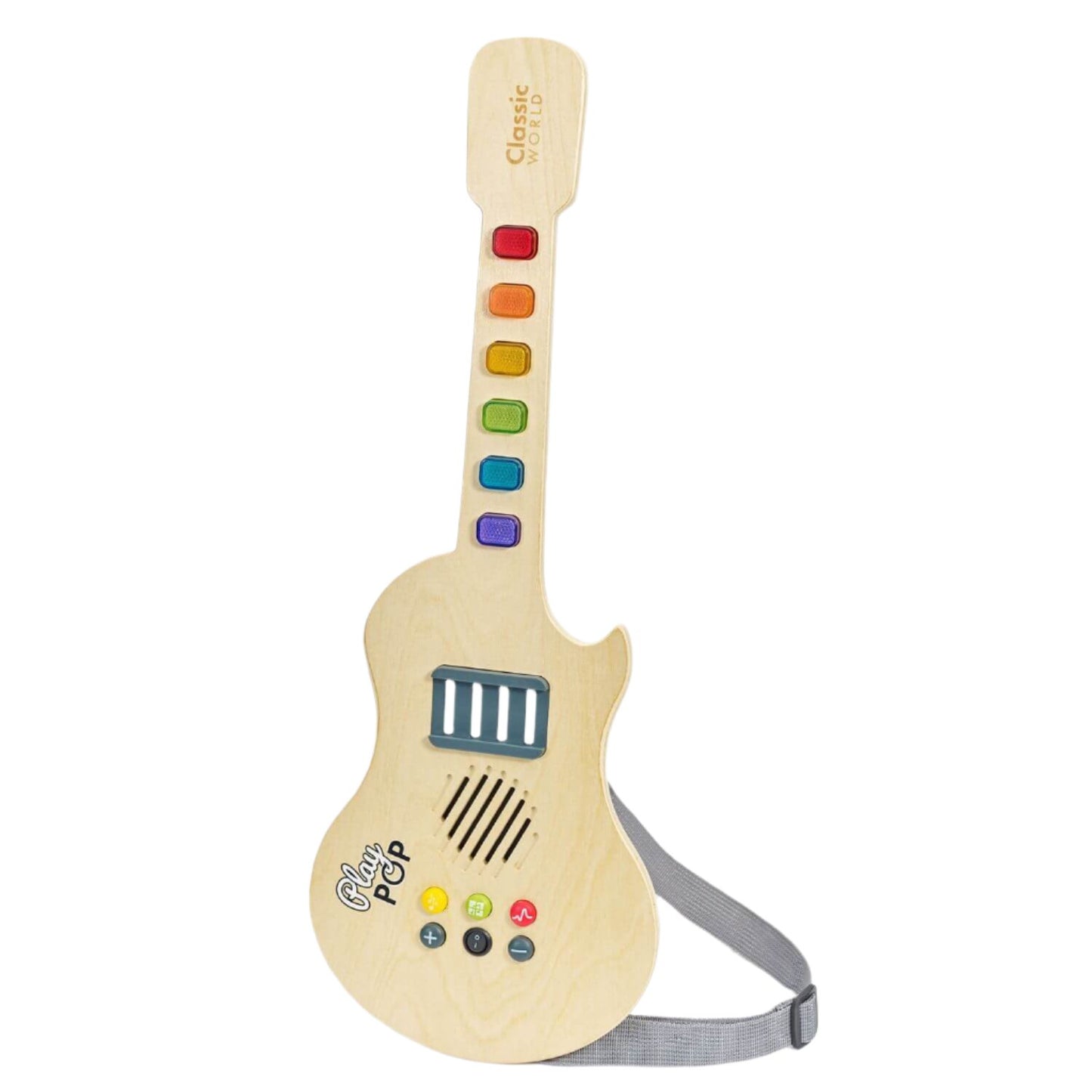 Classic World Electric Glowing Wooden Guitar featuring a sleek wooden design, rainbow-coloured keys, and sound effect buttons for creative play.