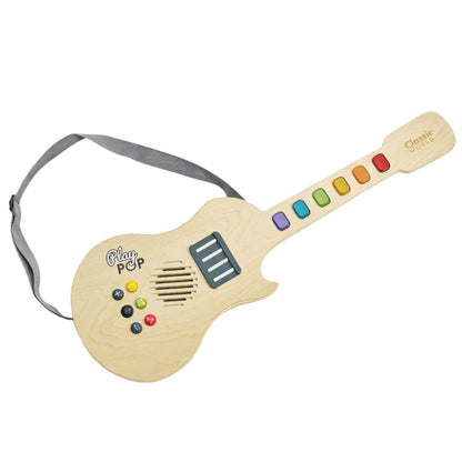 Classic World Electric Glowing Wooden Guitar featuring rainbow-coloured keys, sound effect buttons, and a strap for interactive musical play.