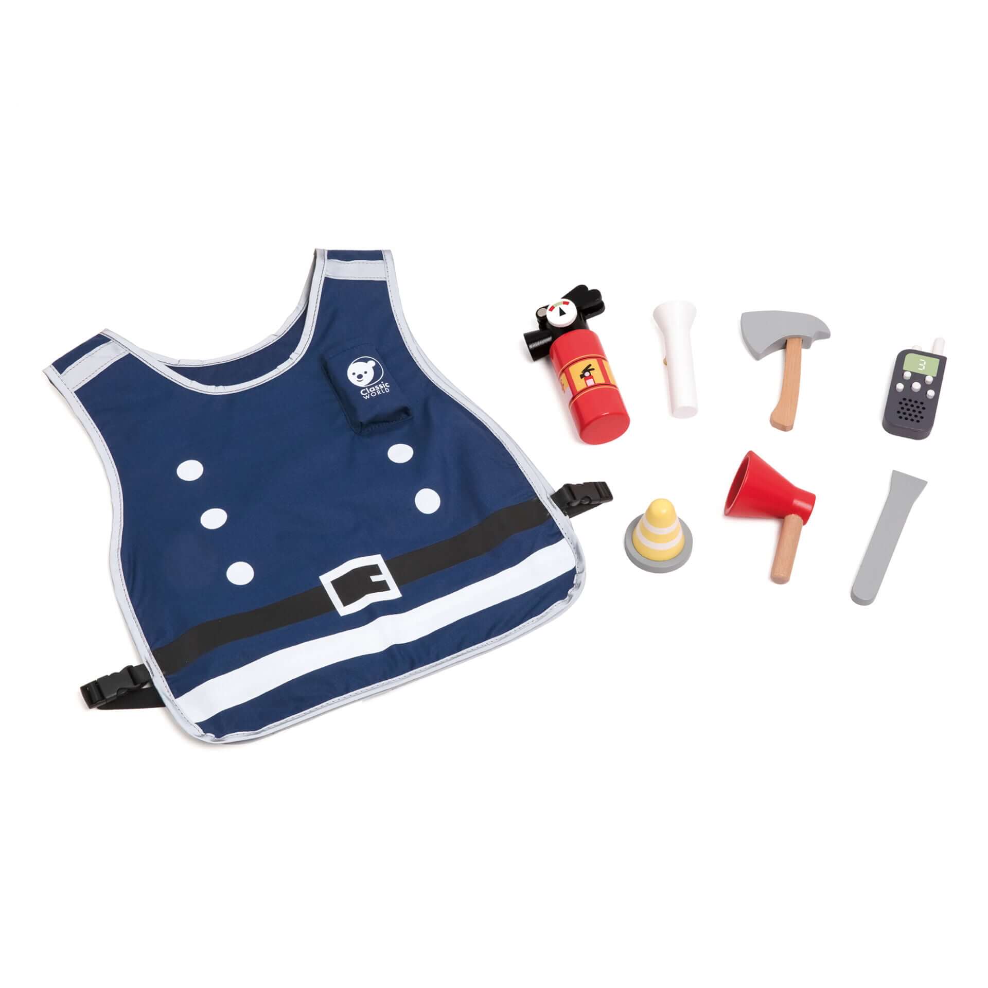 Classic World Firefighting Set with vest, fire extinguisher, axe, walkie-talkie, flashlight, torch, and road cone for role-play fun.