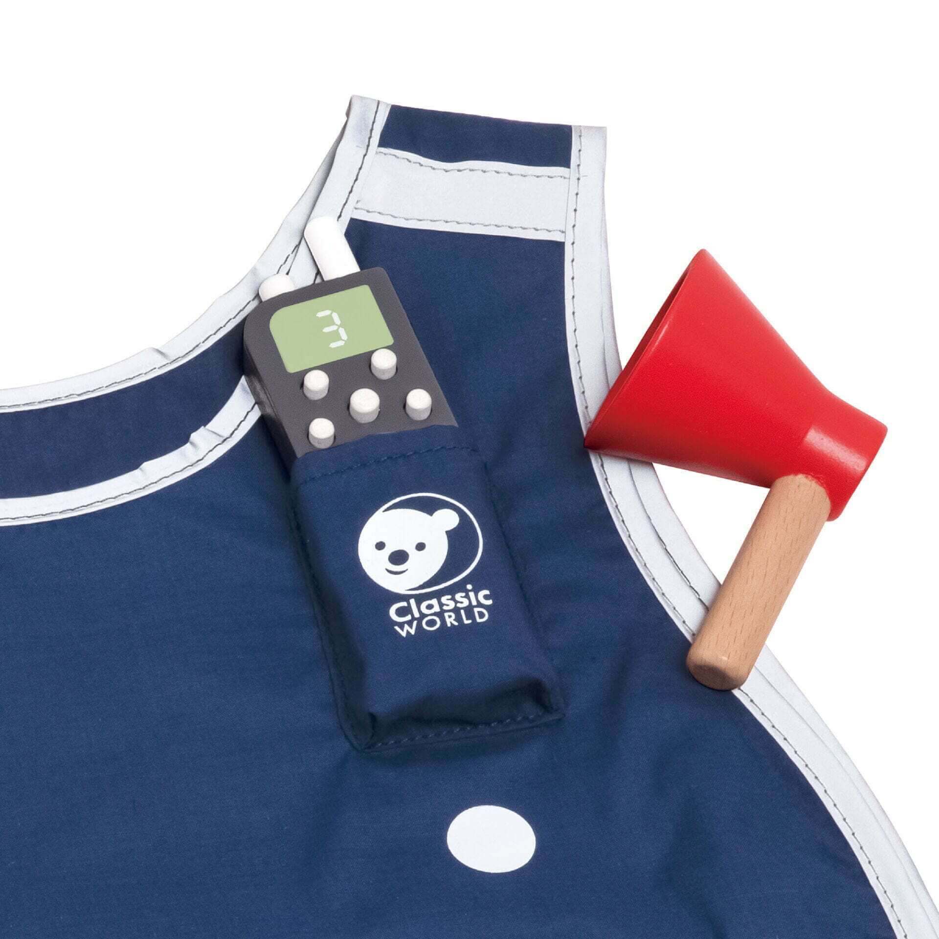 Close-up of Classic World Firefighting Set vest with walkie-talkie in the pocket and a red megaphone, perfect for role-play activities."