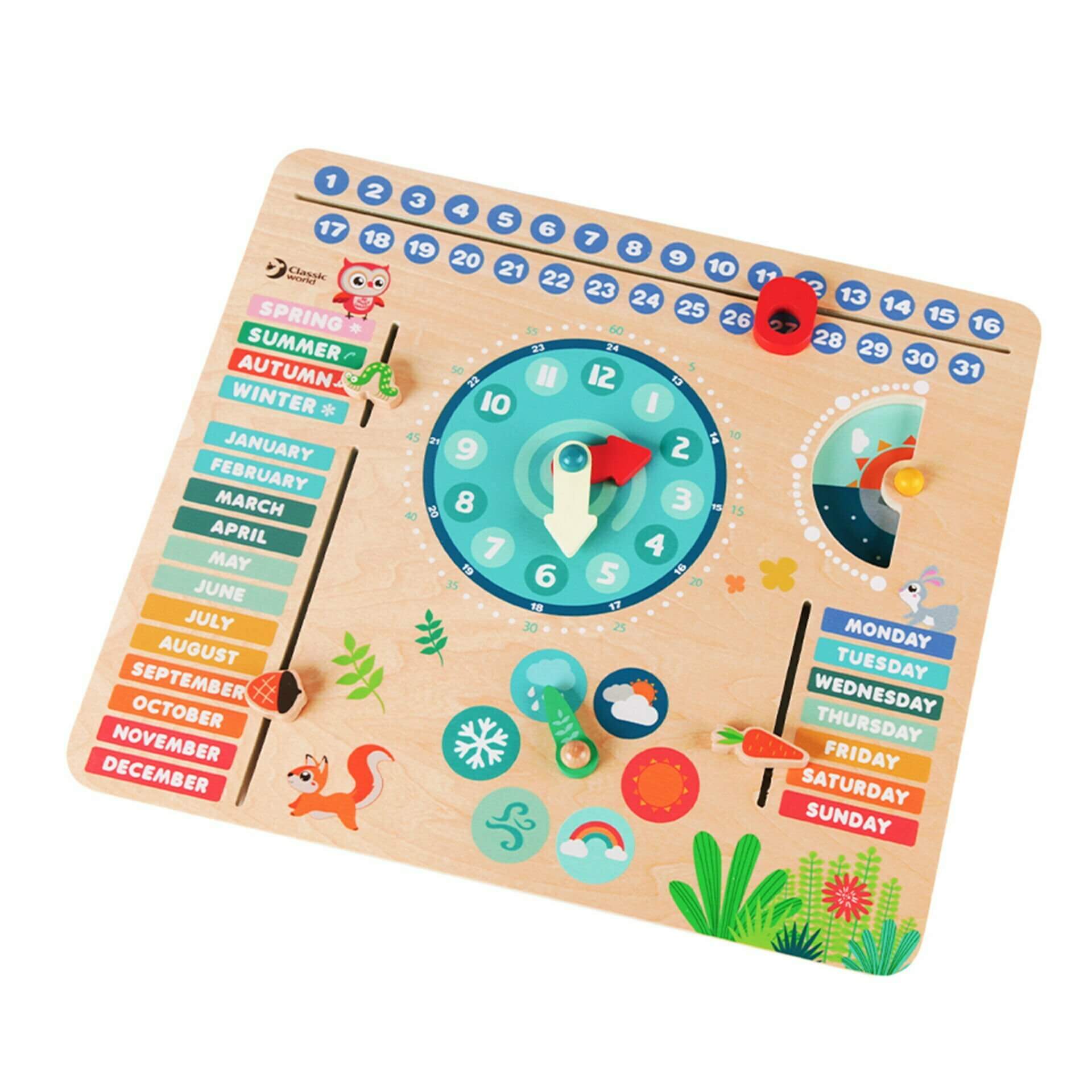 Classic World Forest Calendar with colourful dials and sliders for learning days, months, seasons, and weather, featuring nature illustrations.