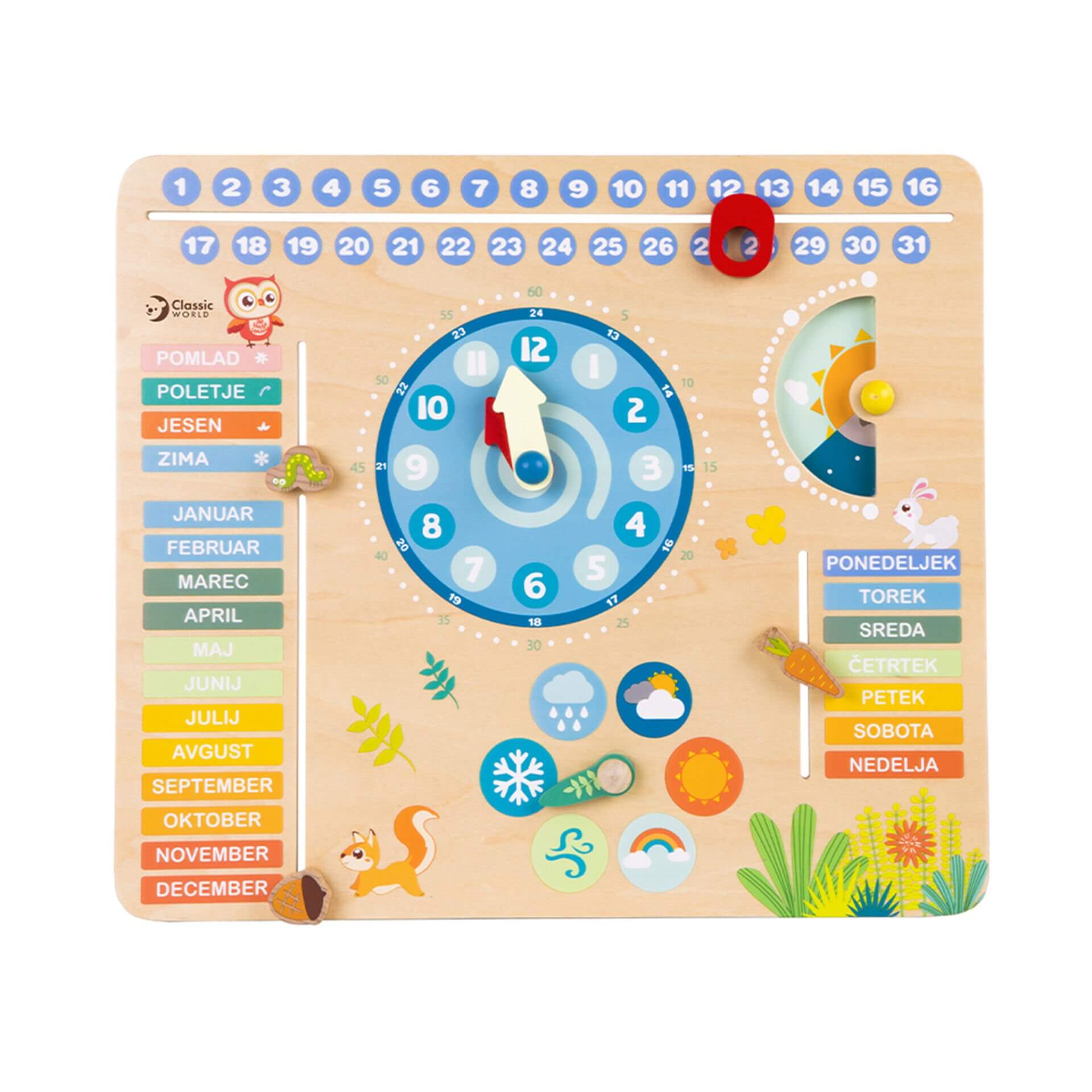 Classic World Forest Calendar featuring interactive dials and sliders to learn time, seasons, and weather, with vibrant nature-themed designs.