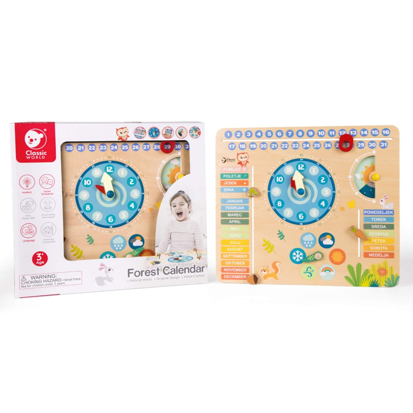 Classic World Forest Calendar with packaging and product display, featuring dials and sliders for learning time, seasons, and weather.