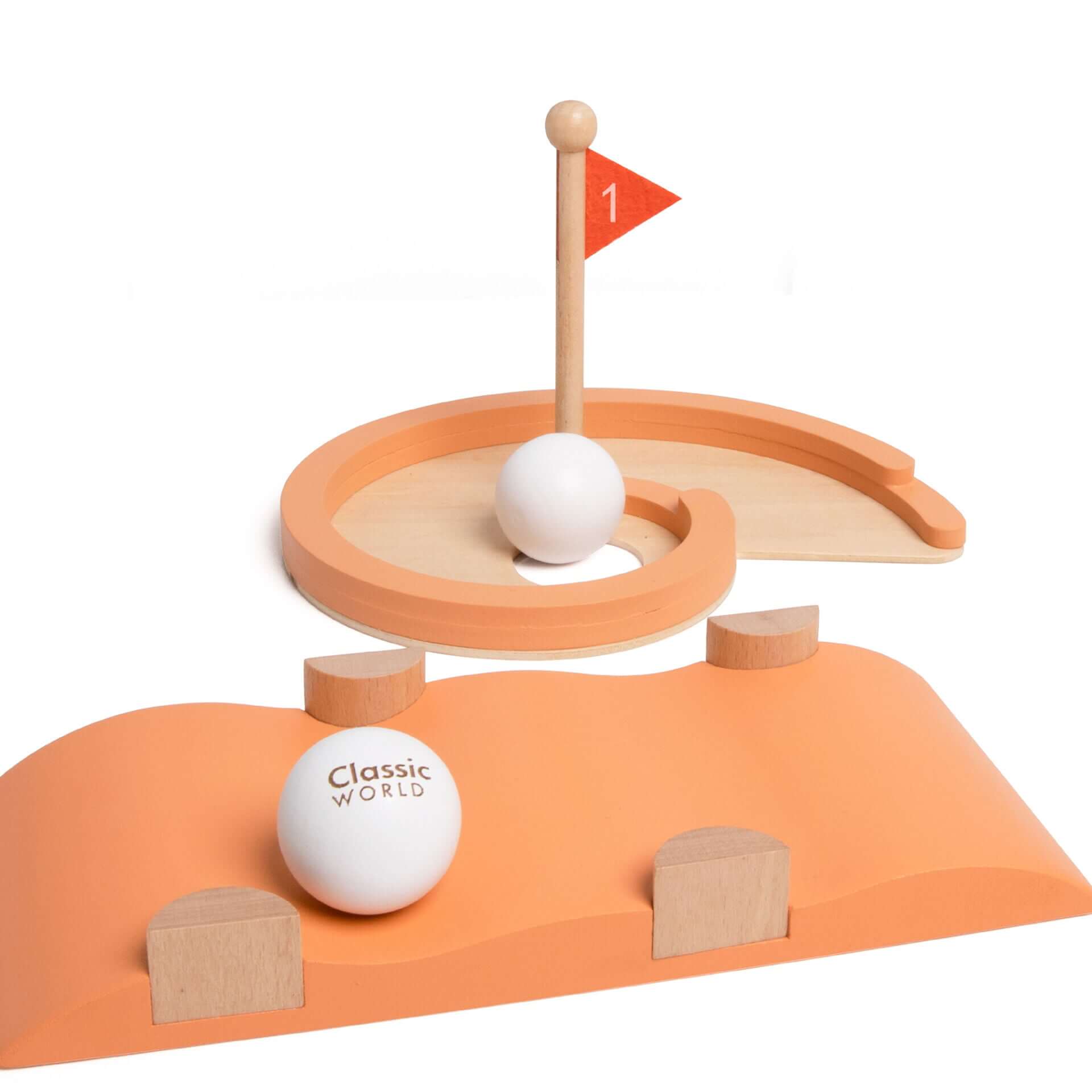 Classic World mini golf set close-up, featuring an orange curved obstacle, wooden ball, and flag-marked hole for kids' fun playtime.