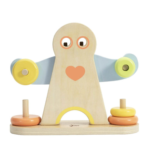 Classic World Hercules Weightlifting toy featuring a wooden figure with colourful weights, designed for interactive and skill-building play.