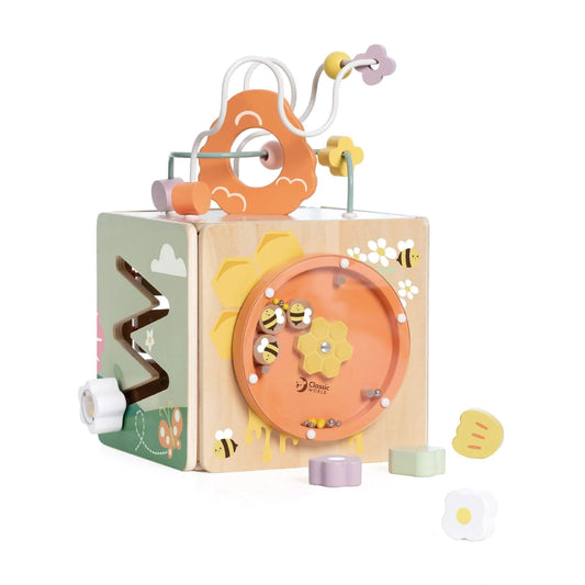 Classic World Honeybee Activity Box showcasing a shape sorter, number tiles, bead maze, and colourful wooden play features.