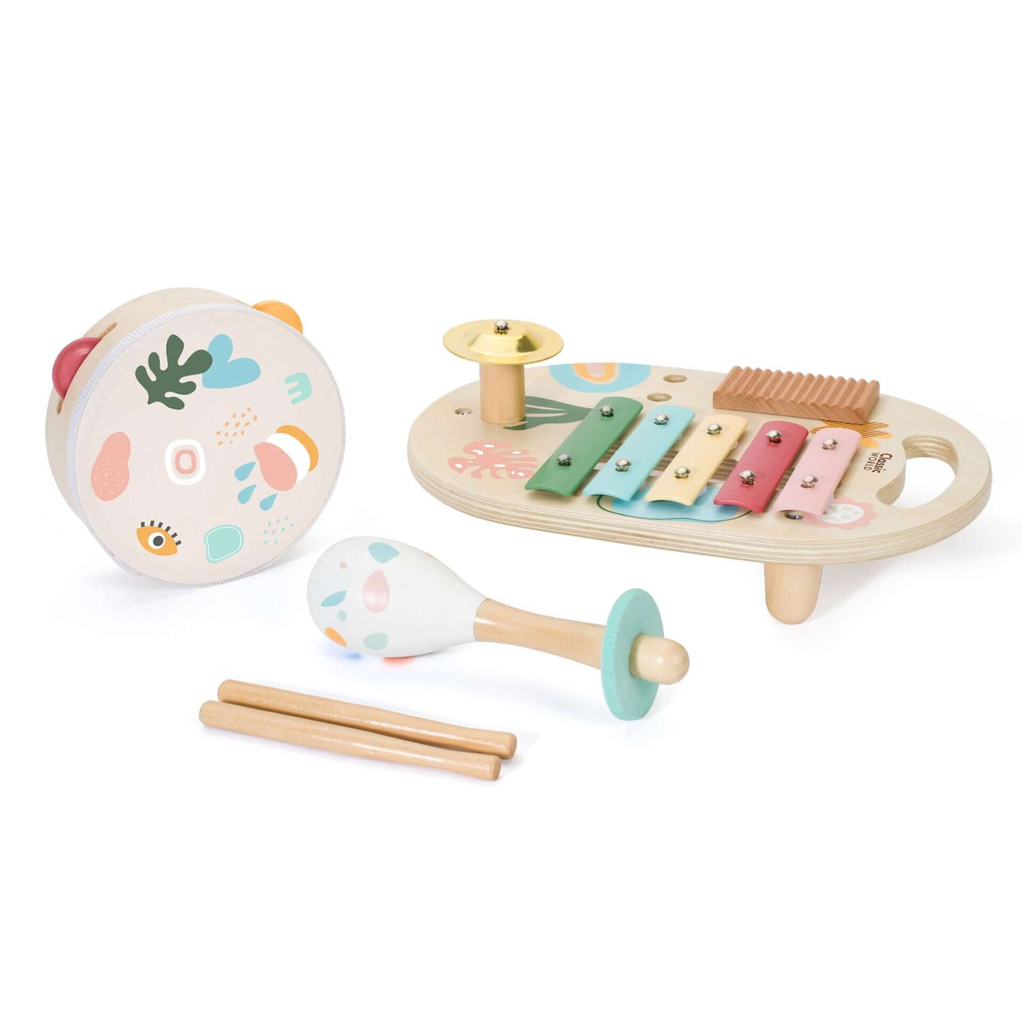 Classic World Iris Music Set featuring a xylophone, tambourine, maraca, and more, designed for kids to explore music and creativity.