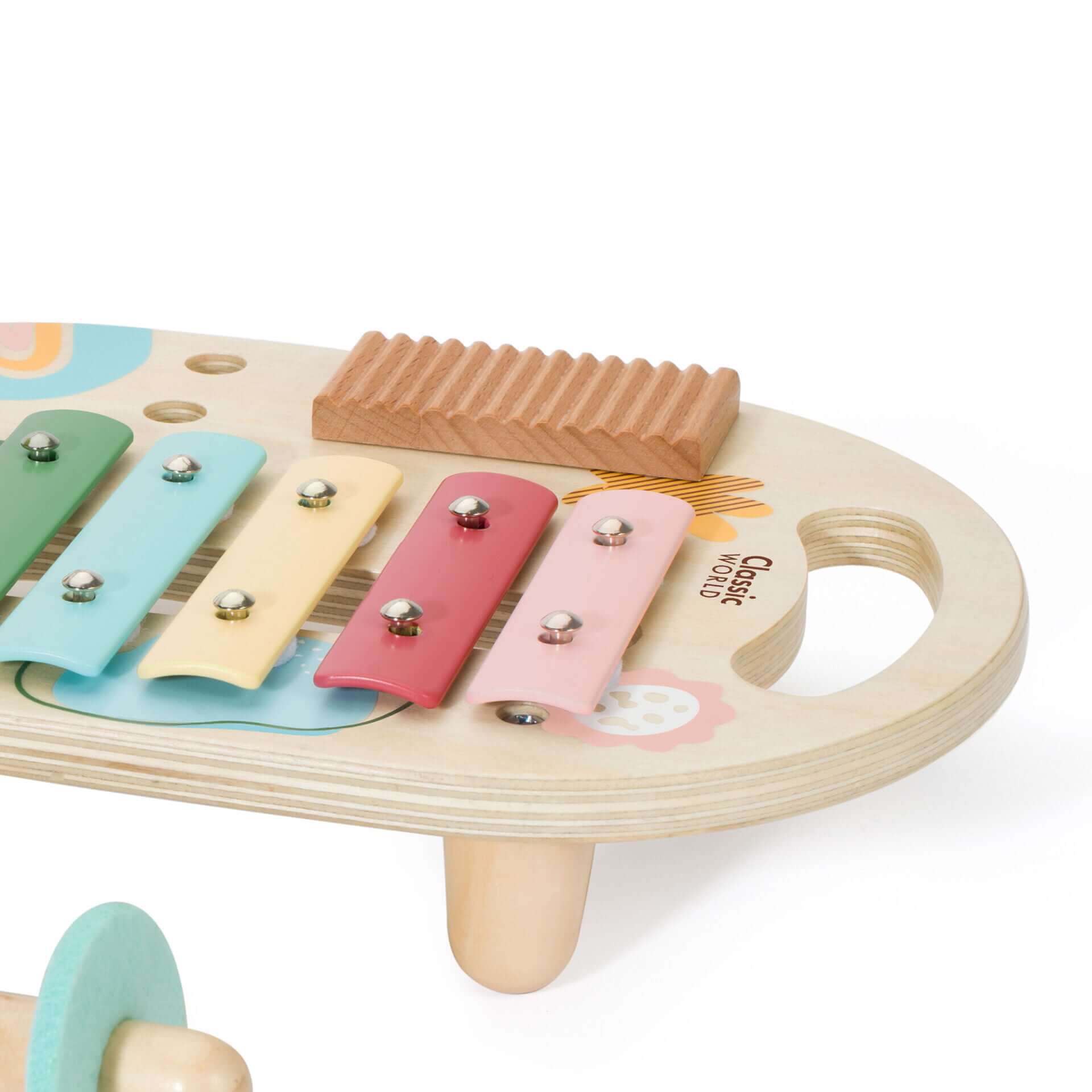 Close-up of the xylophone and wooden guiro from the Classic World Iris Music Set, showcasing colourful keys and a sturdy design for kids.