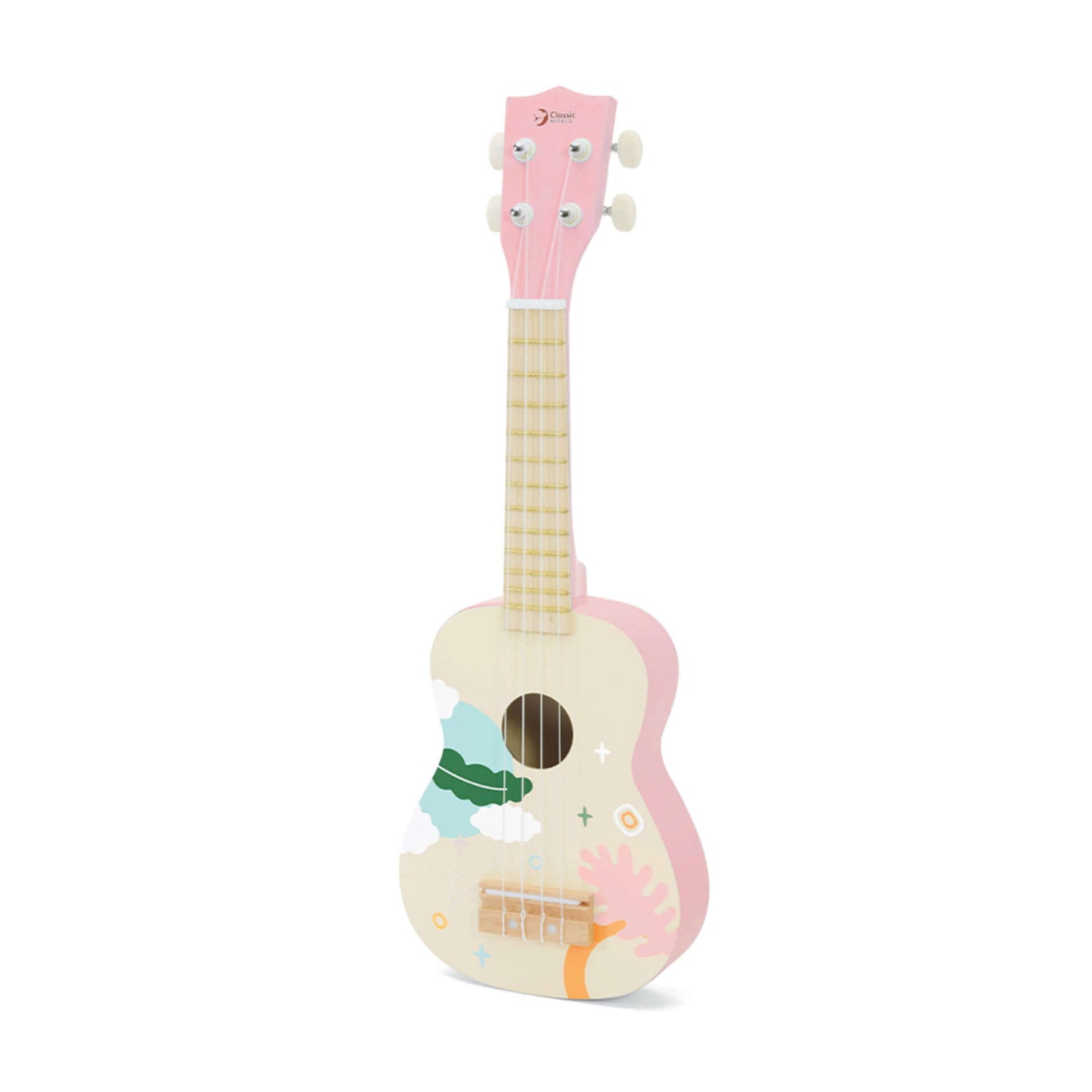 Pink Classic World Iris Ukulele featuring a fun nature-inspired design with colourful shapes, ideal for kids to explore music.