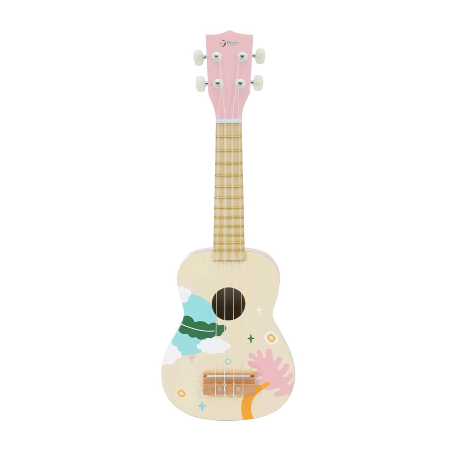 Front view of the Classic World Iris Ukulele in pink, featuring a playful nature-inspired design, perfect for kids' musical fun.