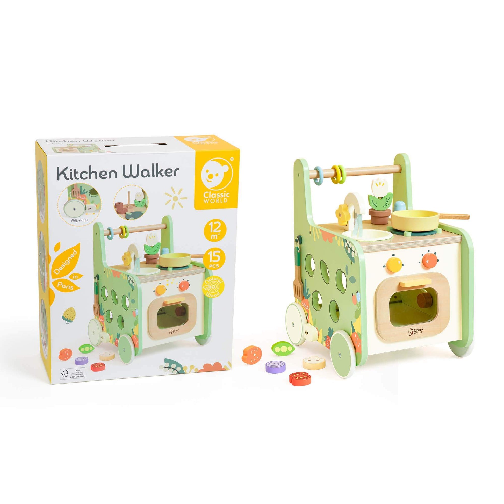 Classic World Kitchen Walker with packaging, featuring a wooden play kitchen, utensils, food pieces, and a sturdy walker design for ages 12 months+.