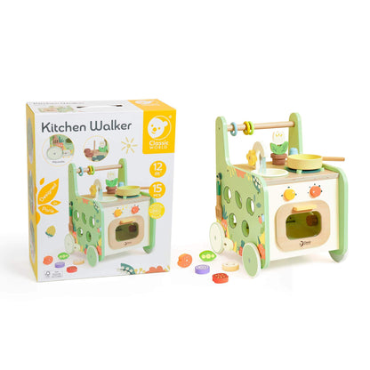 Classic World Kitchen Walker with packaging, featuring a wooden play kitchen, utensils, food pieces, and a sturdy walker design for ages 12 months+.