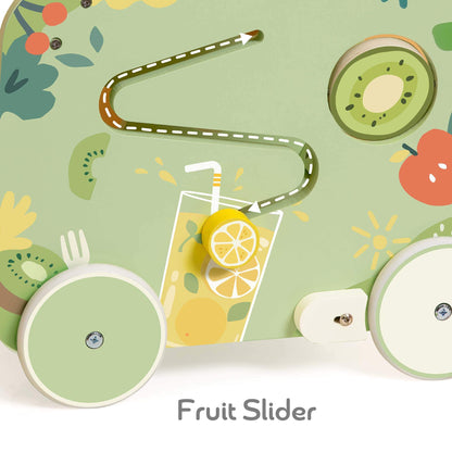 Close-up of the Classic World Kitchen Walker side featuring a fruit slider with a lemon design and colourful illustrations for interactive play.