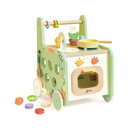 Classic World Kitchen Walker featuring a multifunctional play kitchen with utensils, food pieces, and a sturdy wooden walker design for toddlers.