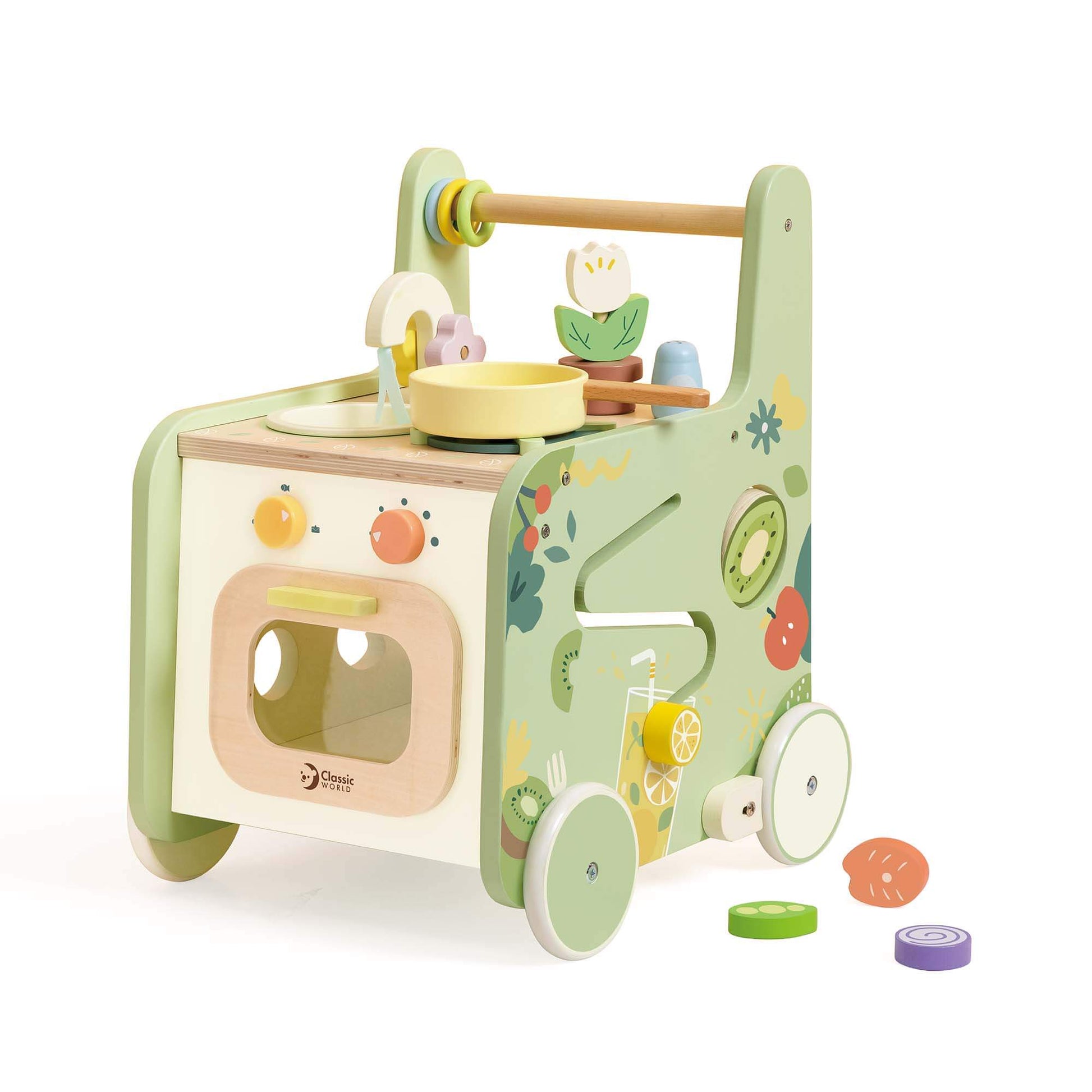 Classic World Kitchen Walker featuring a sturdy wooden design with a play kitchen, utensils, and colourful interactive elements for toddlers.