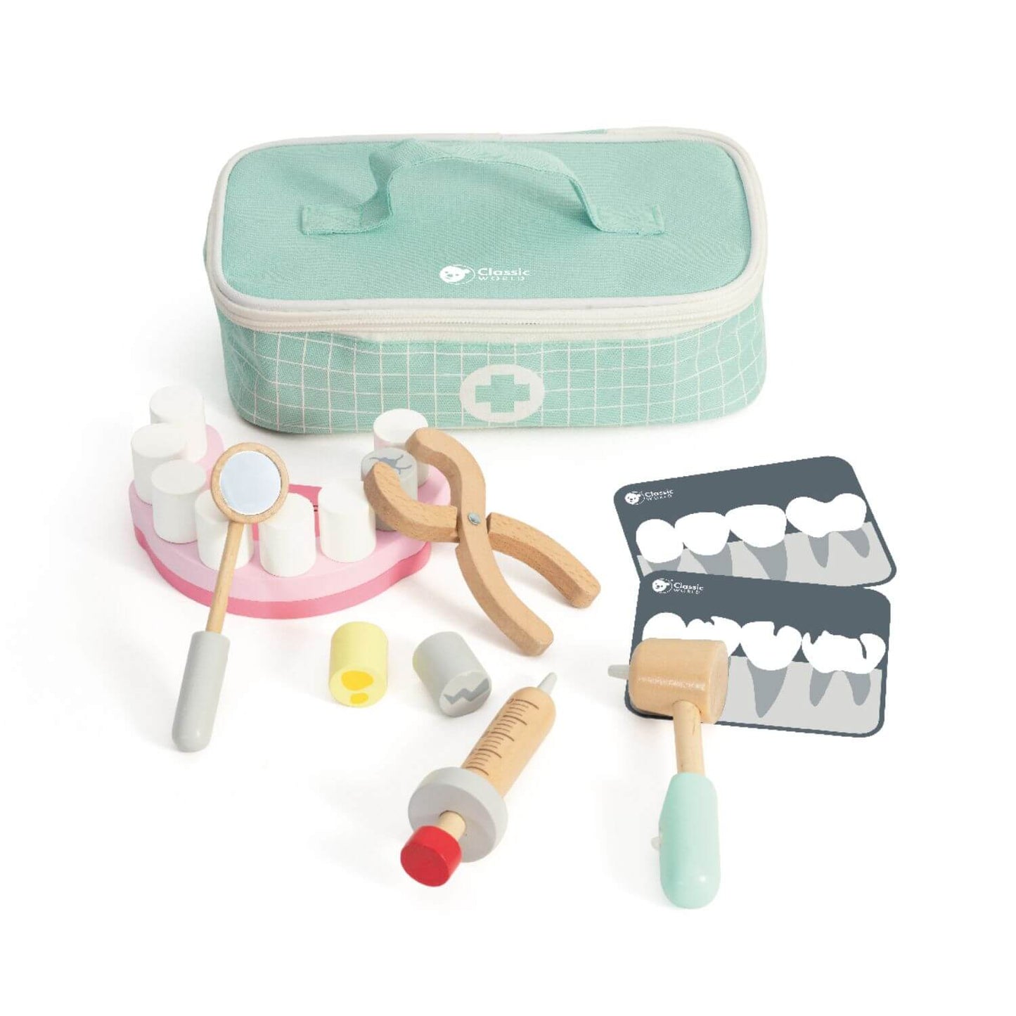 Classic World Little Dentist Set, it includes tools, pretend teeth, dental X-rays, and a carry case, perfect for imaginative role play and skill building.