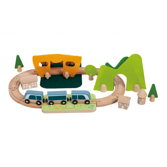 Wooden Classic World Little Train Set with a colourful train, tracks, trees, and buildings, ideal for creative and motor skill development.