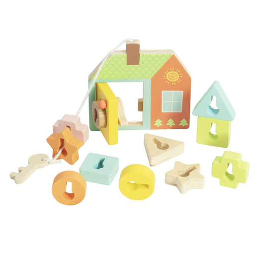 Classic World Locking Door toy with a colourful house, locks, keys, and shape pieces, designed for imaginative and skill-building play.