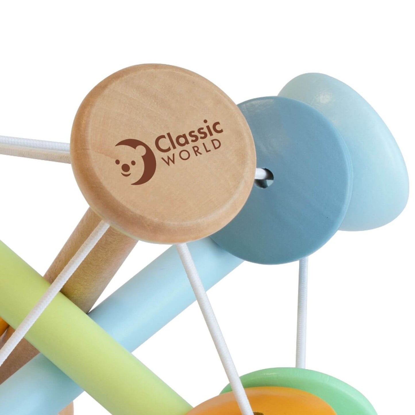 Close-up of the Classic World Magic Ball, showcasing wooden segments connected by elastic, featuring soft pastel colours and the Classic World logo.