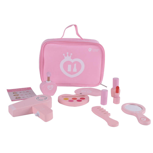 Classic World 9-piece wooden make-up set with compact, mirror, lipstick, and brush for creative role-play fun.