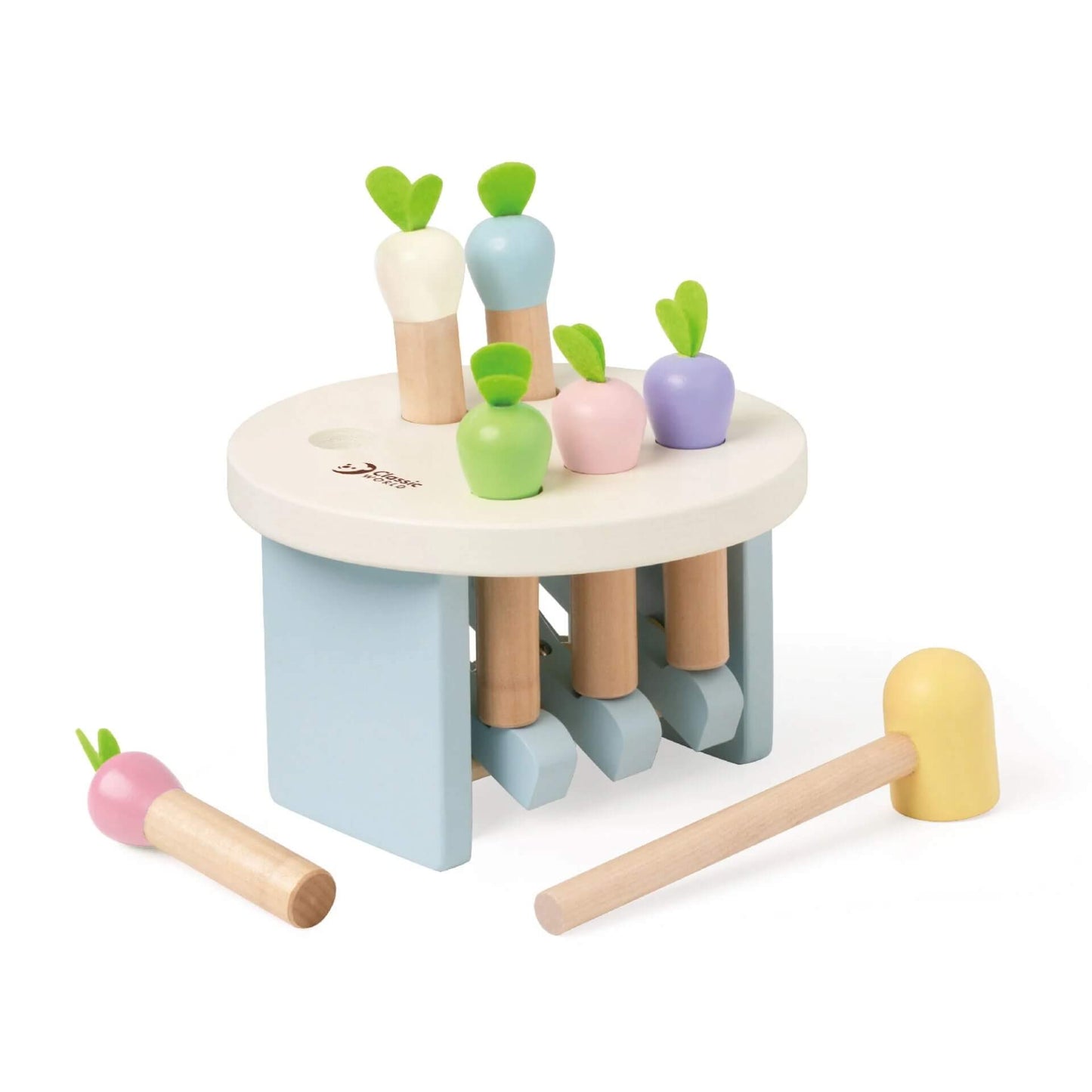 A colourful wooden Mara Pounding Game for kids. Featuring pastel carrots, a hammer, and a sturdy design to promote hand-eye coordination.