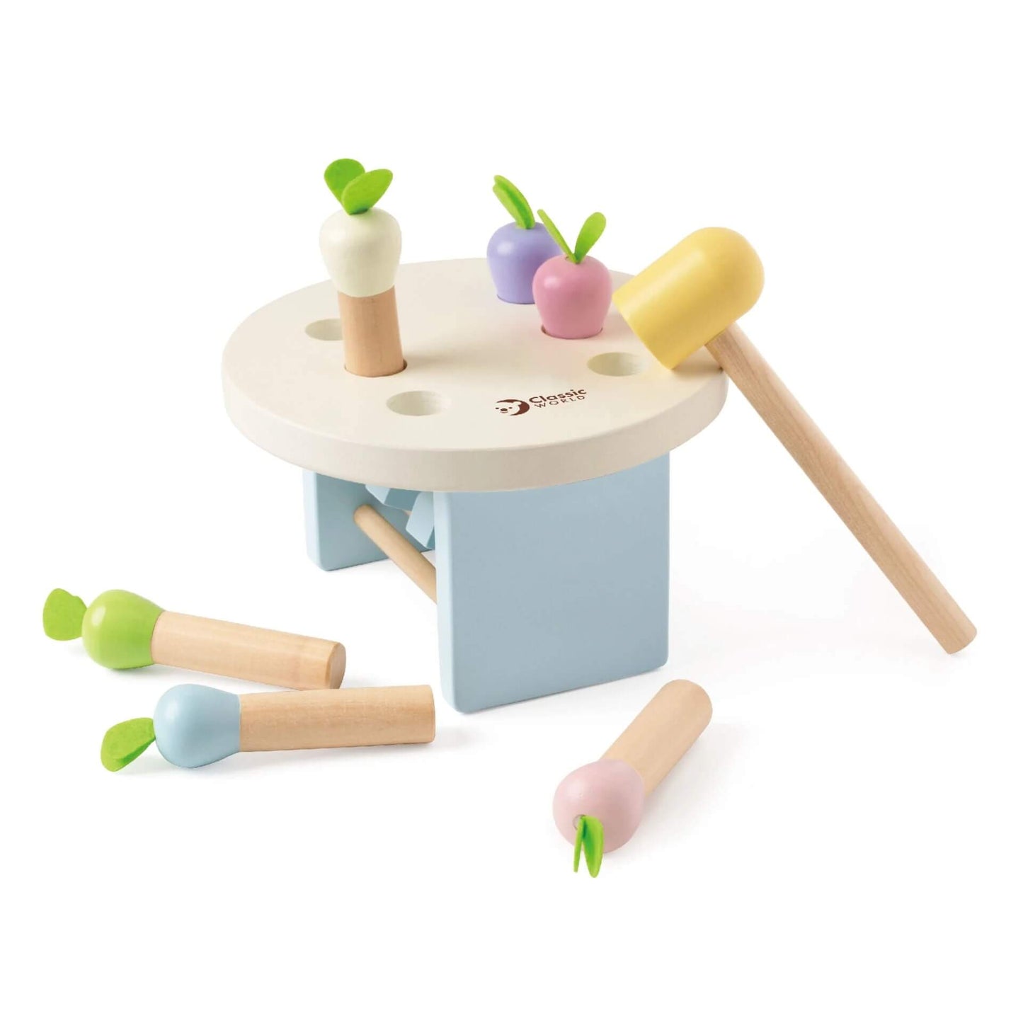 A wooden Mara Pounding Game featuring pastel carrots, a yellow hammer, and a sturdy base designed to improve coordination and motor skills.