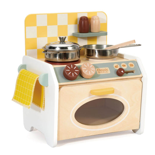 Classic World Mini Kitchen with a wooden design, featuring cooking plates, an oven, utensils, pans, and a chequered yellow backsplash.