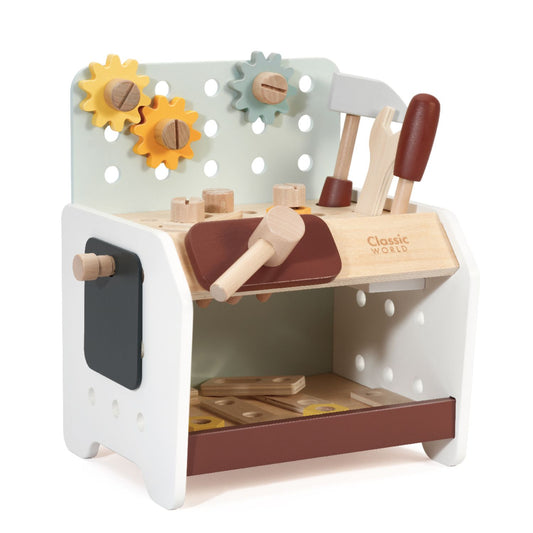 Classic World Mini Workbench featuring wooden tools, gears, and parts, designed for imaginative play and fine motor skill development.