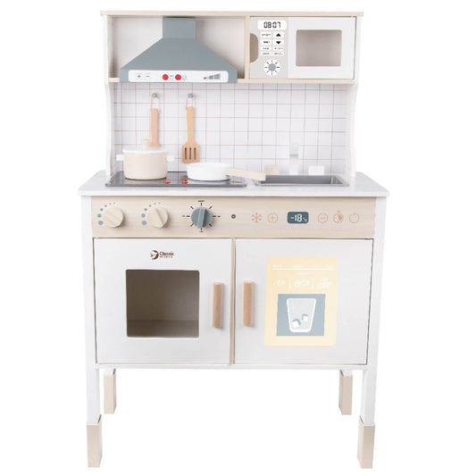 Classic World Wooden Modern Kitchen , featuring a microwave, oven, sink, light-up hobs, cooking accessories, and sound effects.