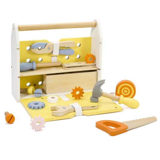 A wooden Classic World Modern Tool Box featuring a yellow foldable case, tools like a hammer, wrench, saw, gears, and elastic holders.