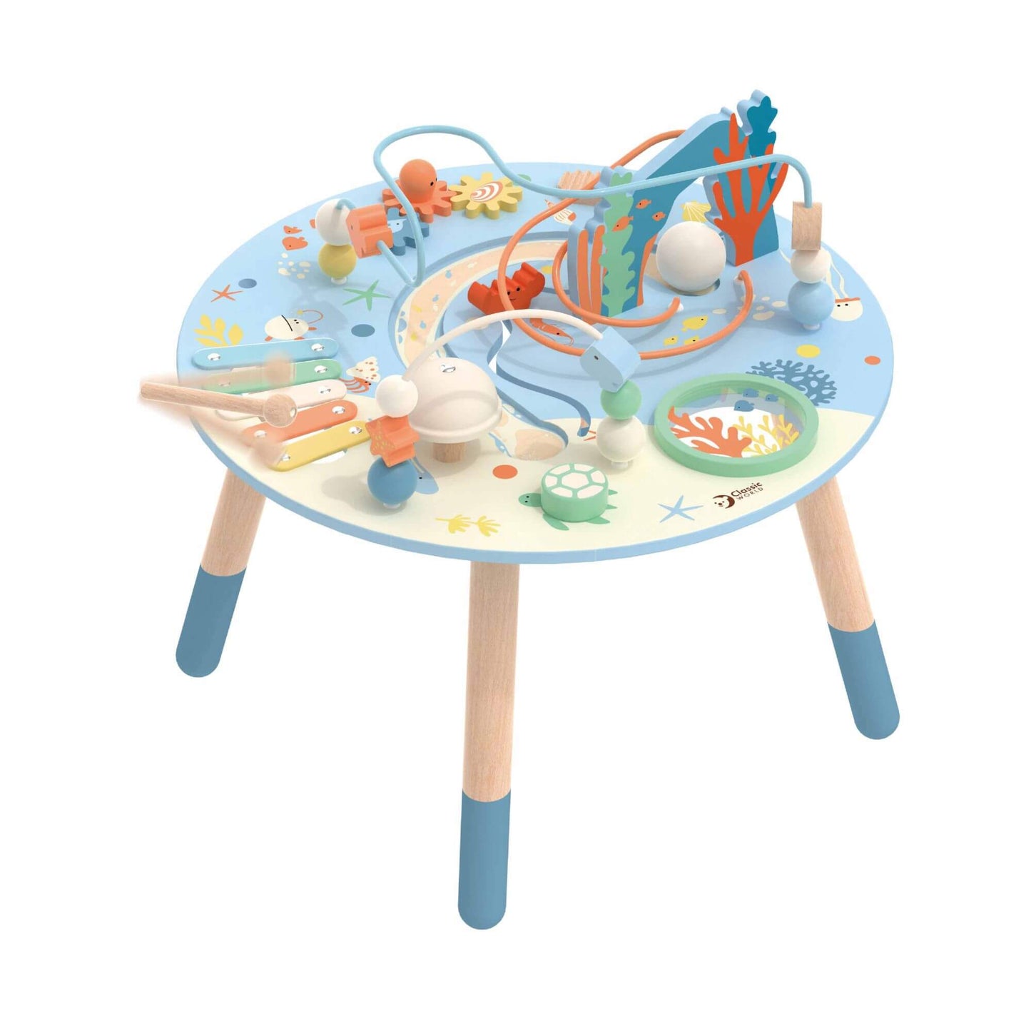 Classic World Multi-Activity Table with vibrant ocean-themed design, bead maze, xylophone, and interactive elements for creative play.