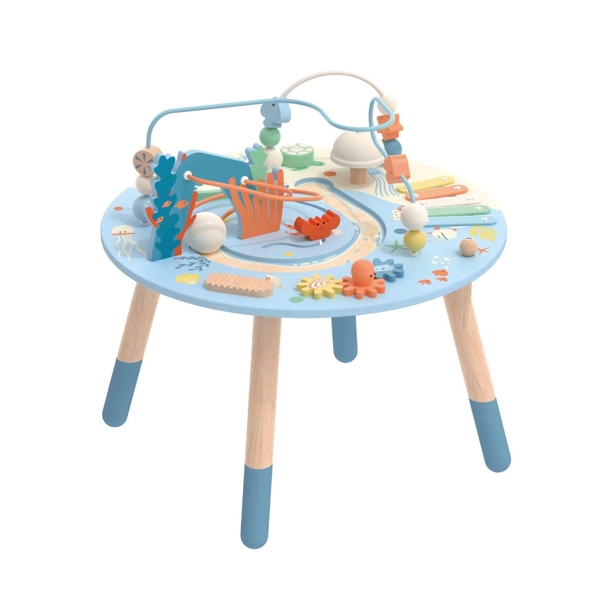 Classic World Multi-Activity Table featuring an ocean theme with a bead maze, xylophone, and tactile elements for imaginative play.