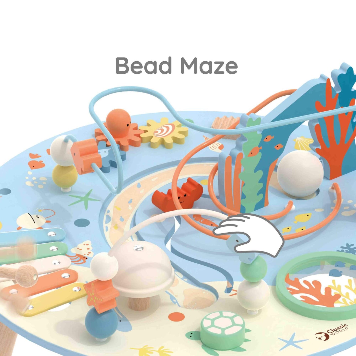 Close-up of the Classic World Multi-Activity Table, highlighting the bead maze, colourful gears, and ocean-themed interactive elements.