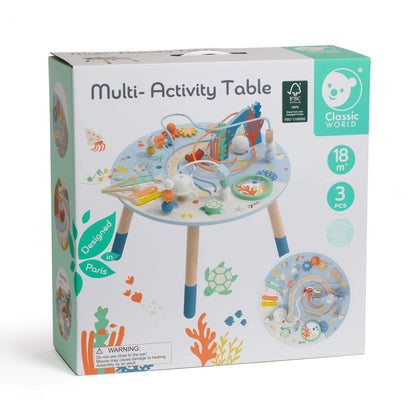 Packaging of the Classic World Multi-Activity Table, showcasing its ocean-themed design, suitable for ages 18 months and up.