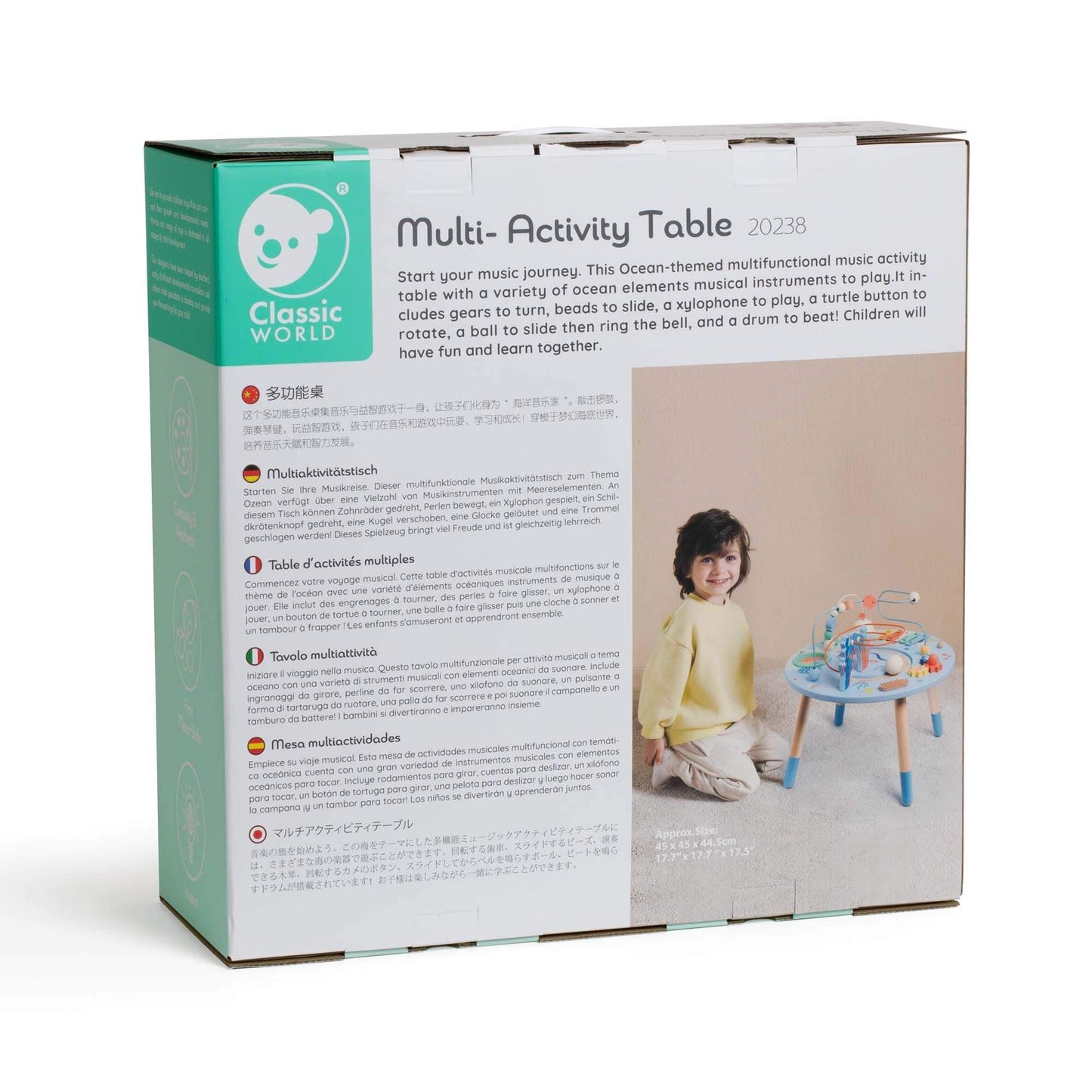 Back of the Classic World Multi-Activity Table packaging, featuring product details in multiple languages and a child playing with the table.