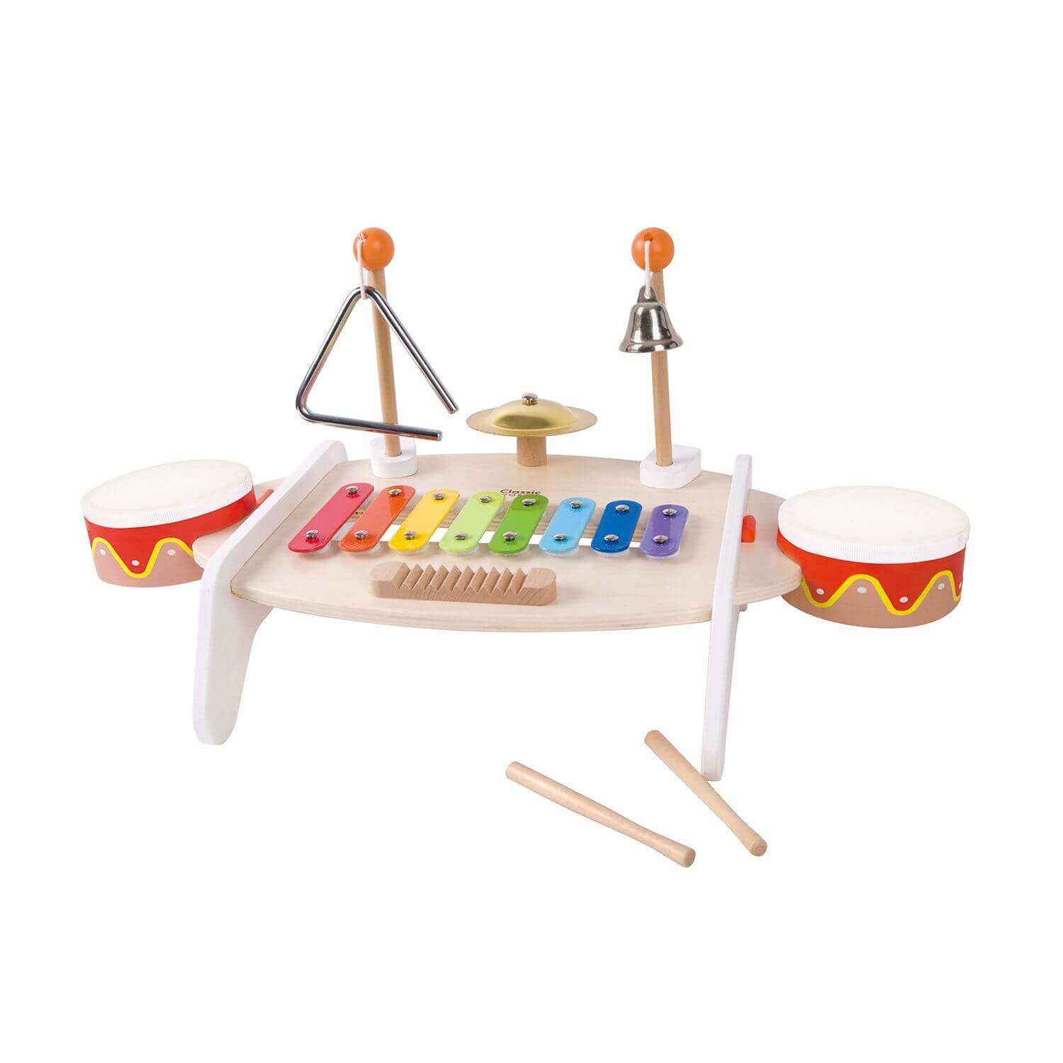 A colourful wooden music table featuring a xylophone, drums, triangle, bell, cymbal, and drumsticks, perfect for toddlers aged 3+.